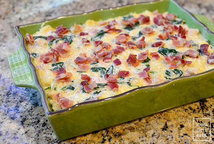 ingredients for low carb chicken bacon ranch spaghetti squash casserole in a baking dish
