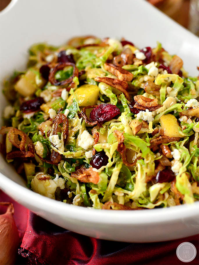 Fall Shredded Brussels Sprouts Salad is crispy and crunchy, and full of fresh and savory flavors! | iowagirleats.com