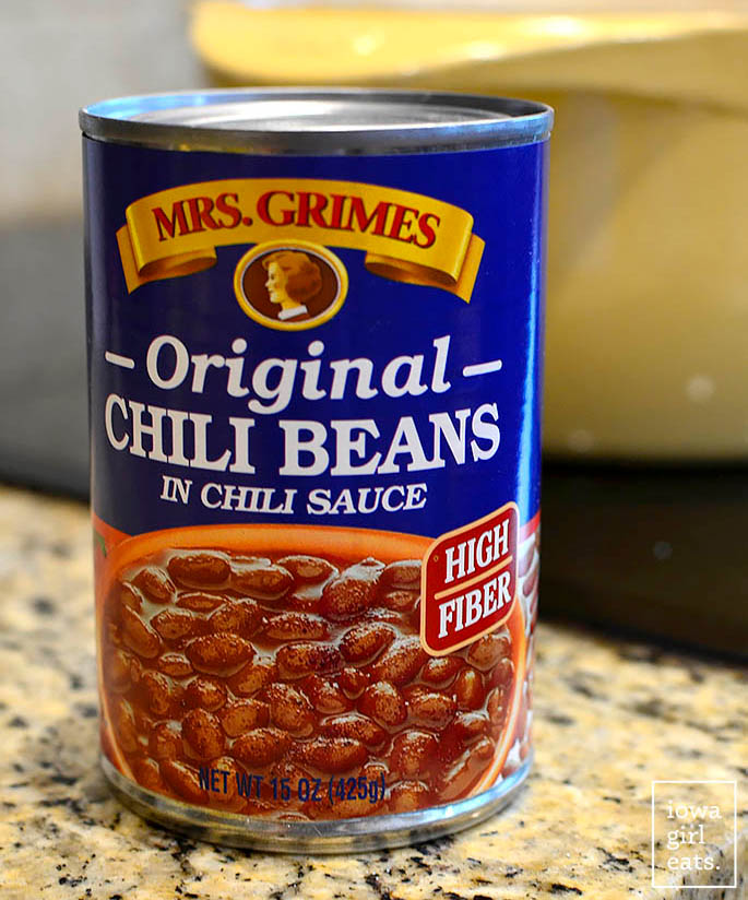 a can of Mrs Grimes original chili beans sitting on a counter