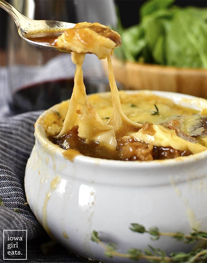 French Onion Soup is a classic that's a cinch to make gluten-free at home. All you need is a little bit of time and some fridge and pantry staples. | iowagirleats.com