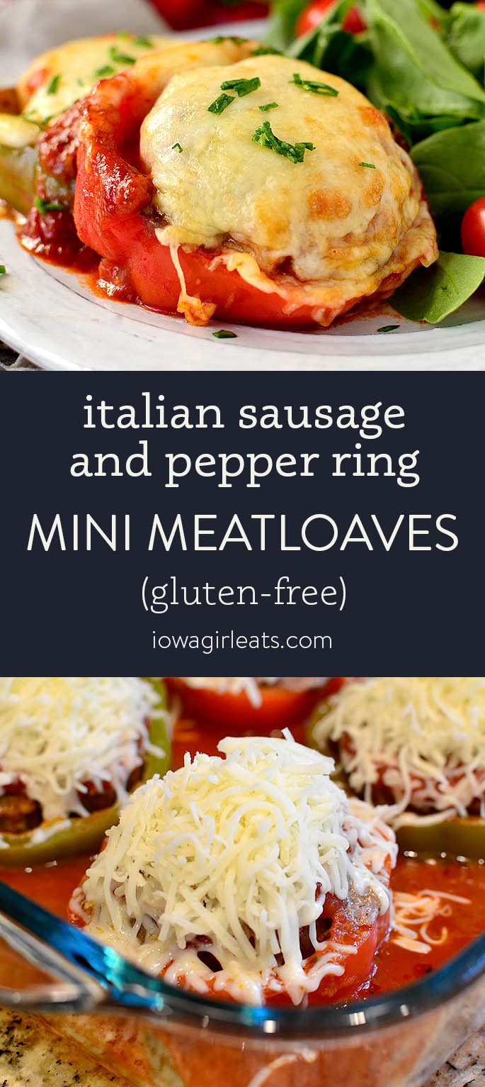 Photo collage of mini sausage and pepper ring meatloaves