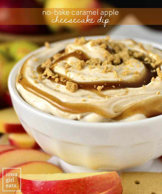 No-Bake Caramel Apple Cheesecake Dip is absolutely luscious! Dip into this whippy, 3-ingredient dip recipe with fresh apples and graham crackers. It is such a treat! | iowagirleats.com