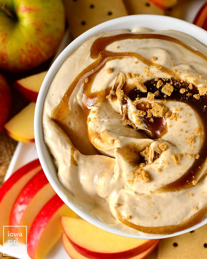 caramel apple cheesecake dip that's been dipped into