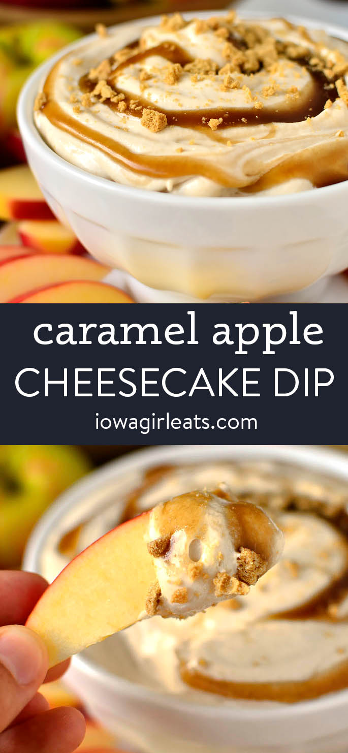 photo collage of caramel apple cheesecake dip
