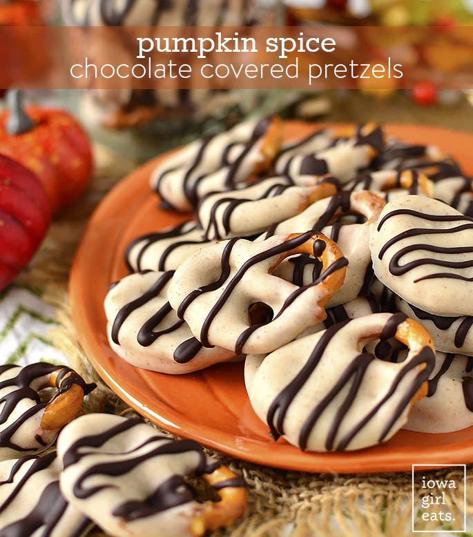 Pumpkin Spice White Covered Pretzels are absolutely irresistable...dare you to stop at just one! This easy gluten-free dessert recipe calls for just 4 ingredients, and 15 minutes. | iowagirleats.com