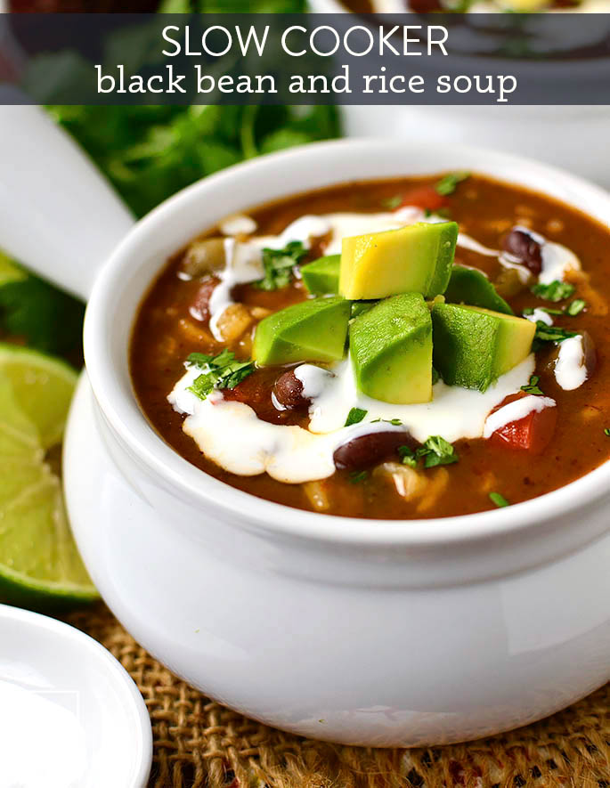 crock pot black bean and rice soup in a bowl with tippings