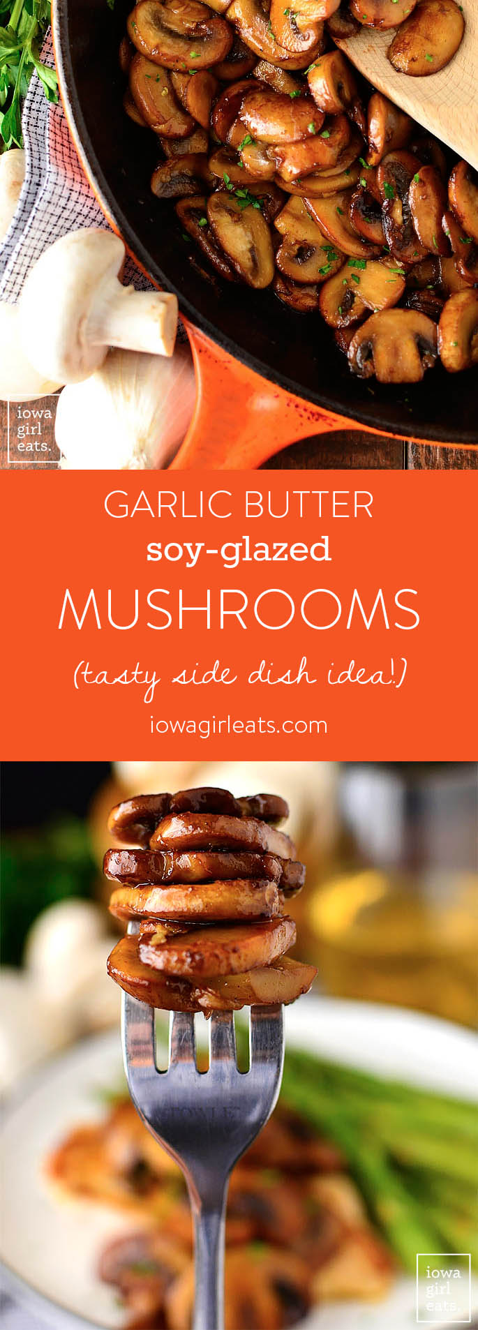 Garlic Butter Soy-Glazed Mushrooms is the easiest, most mouthwatering gluten-free side dish recipe I know! Serve with chicken, burgers, steak, or baked potatoes. | iowagirleats.com