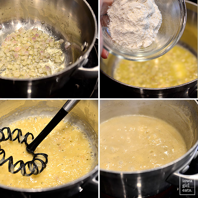 4 photos showing process of making cream of chicken soup