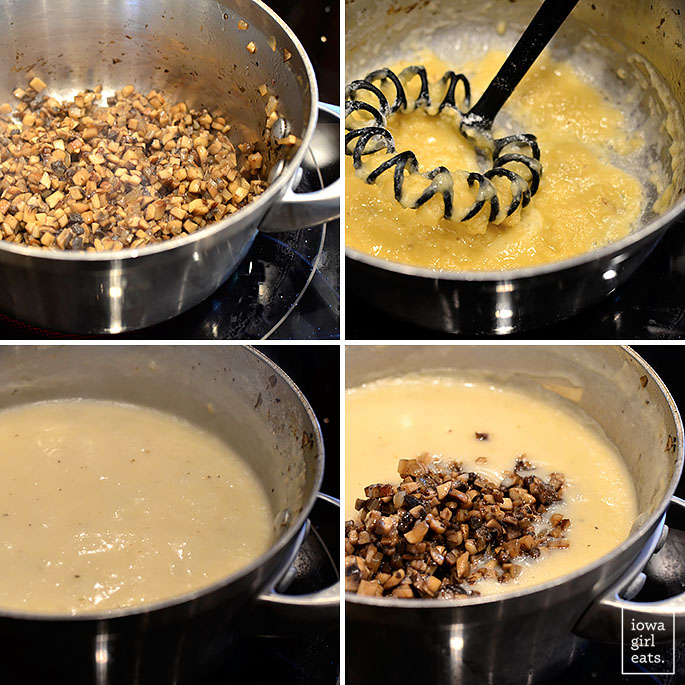 4 photos showing process of making cream of mushroom soup
