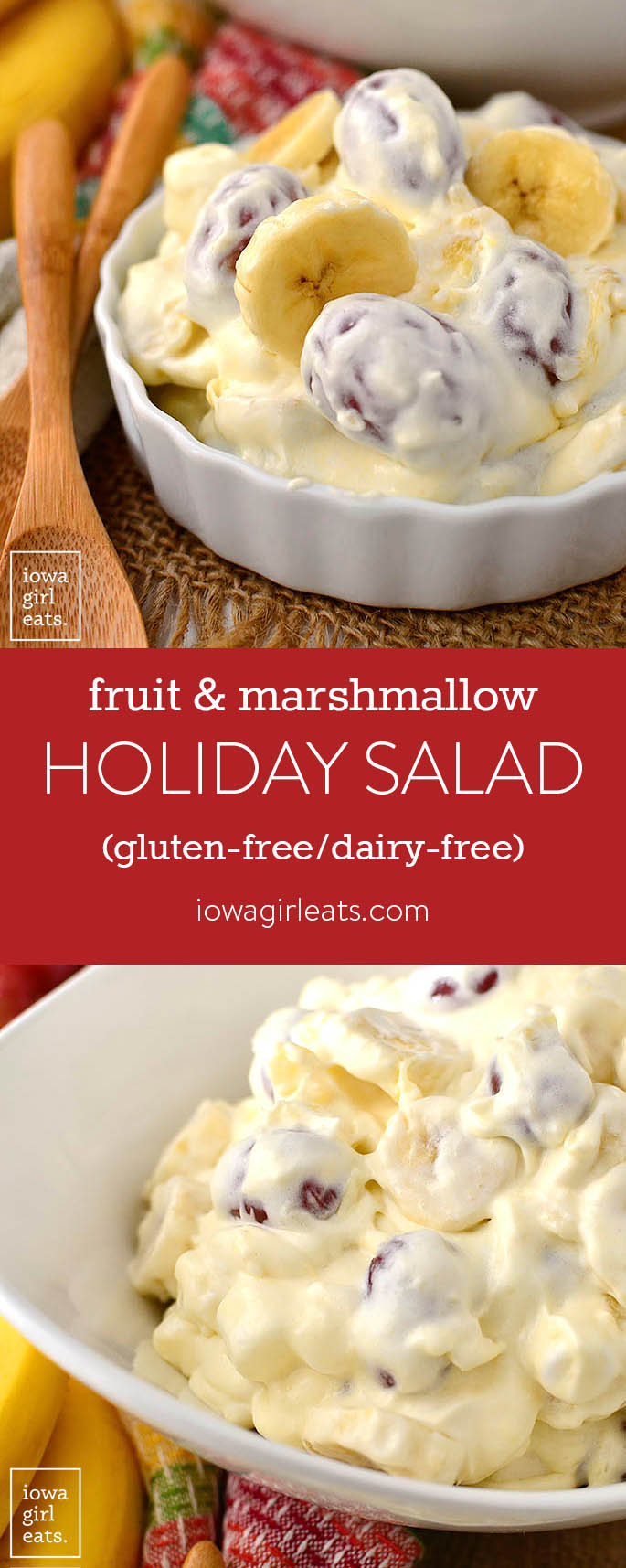 Fruit and Marshmallow Holiday Salad is a staple on my family's holiday dinner table. Easy to assemble and loved by all. Enjoy for dessert or as special holiday side dish! | iowagirleats.com