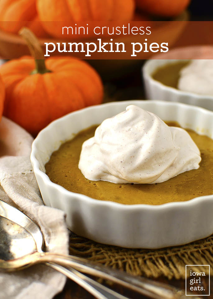 Mini Crustless Pumpkin Pies have all the sweetness and spice of regular pumpkin pie but are gluten-free and dairy-free too!  | iowagirleats.com