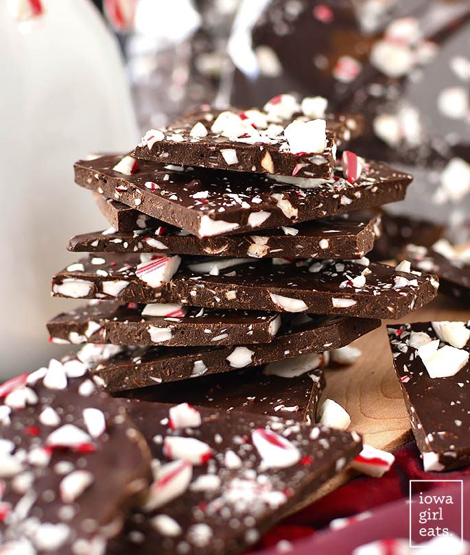 2-Ingredient Dark Chocolate Peppermint Bark couldn't be simpler and is perfect for holiday snacking. Package up and tie in a bow for a sweet homemade gift! | iowagirleats.com