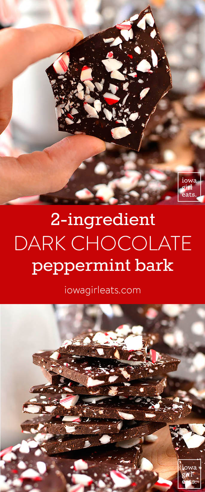 2-Ingredient Dark Chocolate Peppermint Bark couldn't be simpler and is perfect for holiday snacking. Package up and tie with a bow for a sweet homemade gift! | iowagirleats.com