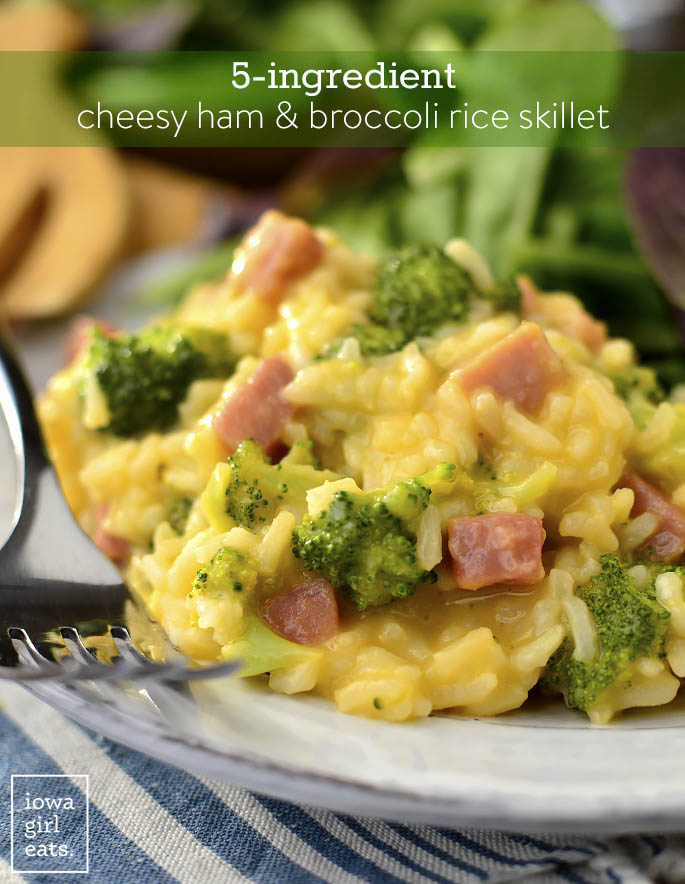 5-Ingredient Cheesy Ham and Broccoli Rice Skillet is a 1 pan, 20 minute, gluten-free dinner recipe that will leave you licking your plate clean! | iowagirleats.com