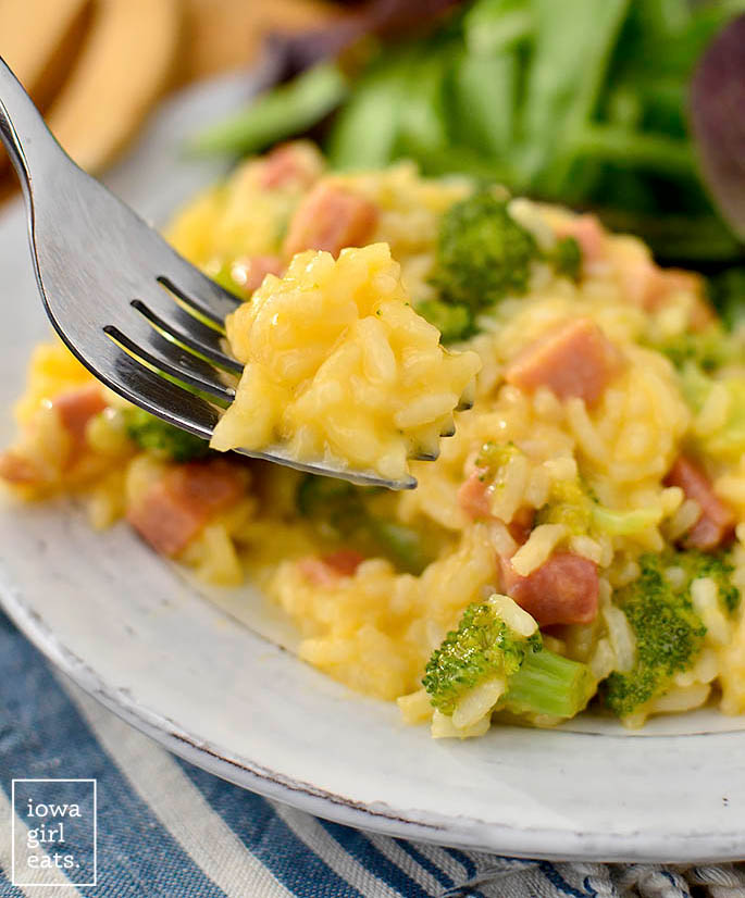 forkful of cheesy ham and broccoli rice