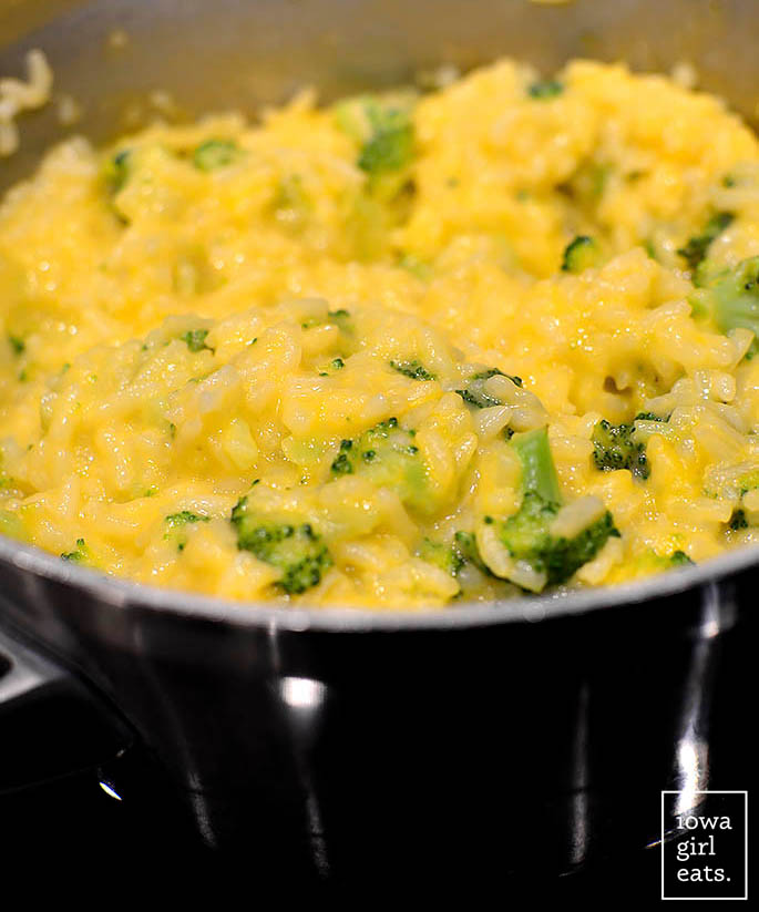cheesy rice with broccoli in a pot