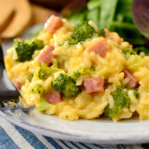 cheesy ham and broccoli rice on a plate with a fork and side salad