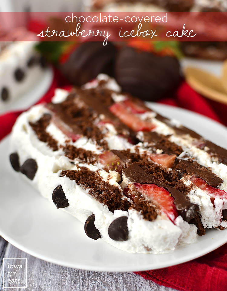 Chocolate-Covered Strawberry Icebox Cake is for serious chocolate lovers only! This gluten-free, dairy-free dessert recipe is decadent, sweet, and packed with chocolate. | iowagirleats.com