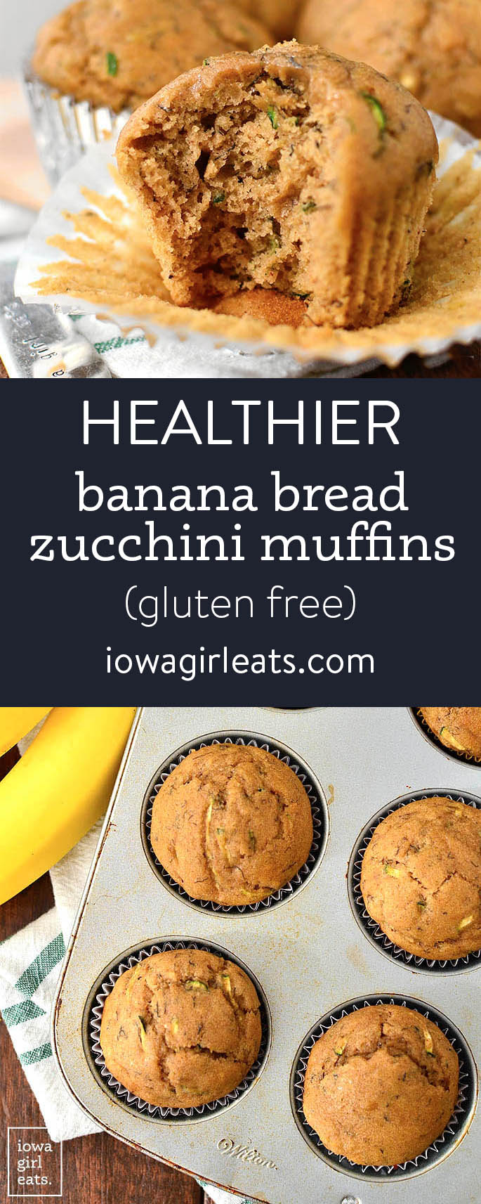 Photo collage of of Healthier banana bread zucchini muffins