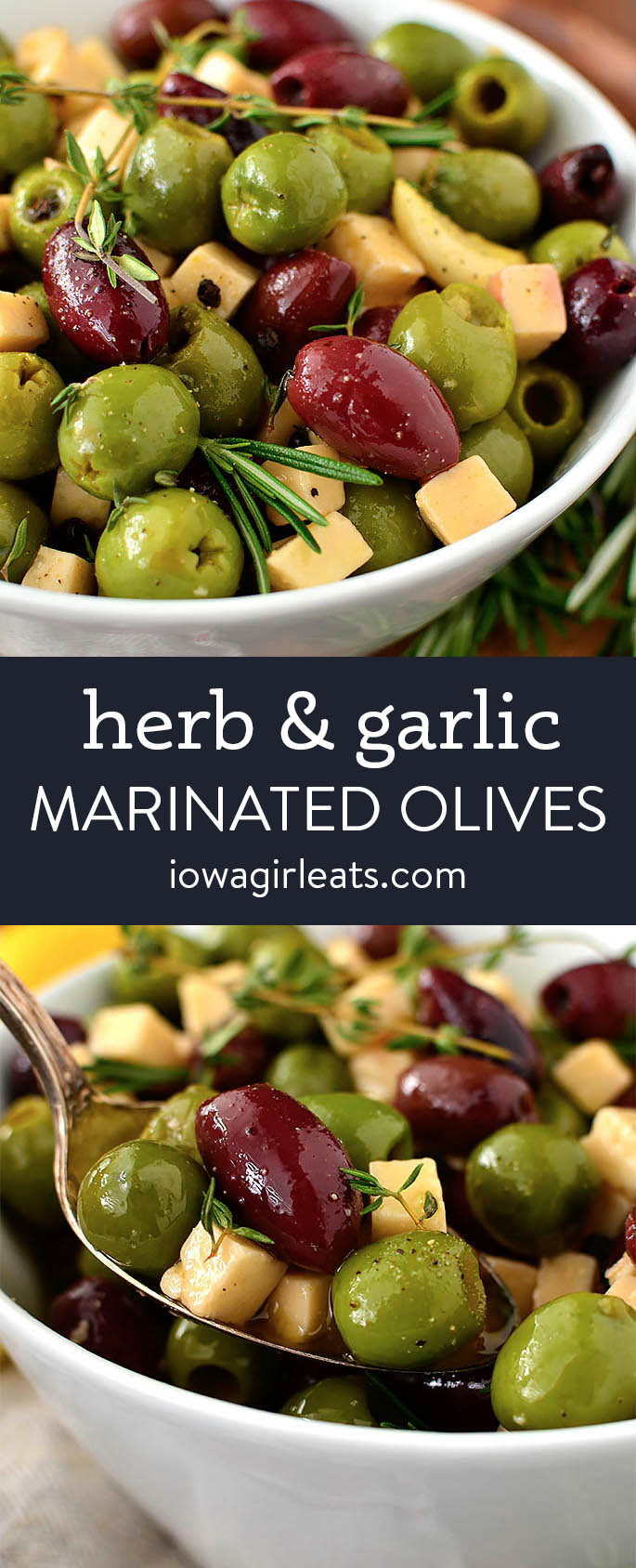 Photo collage of herb and garlic marinated olives