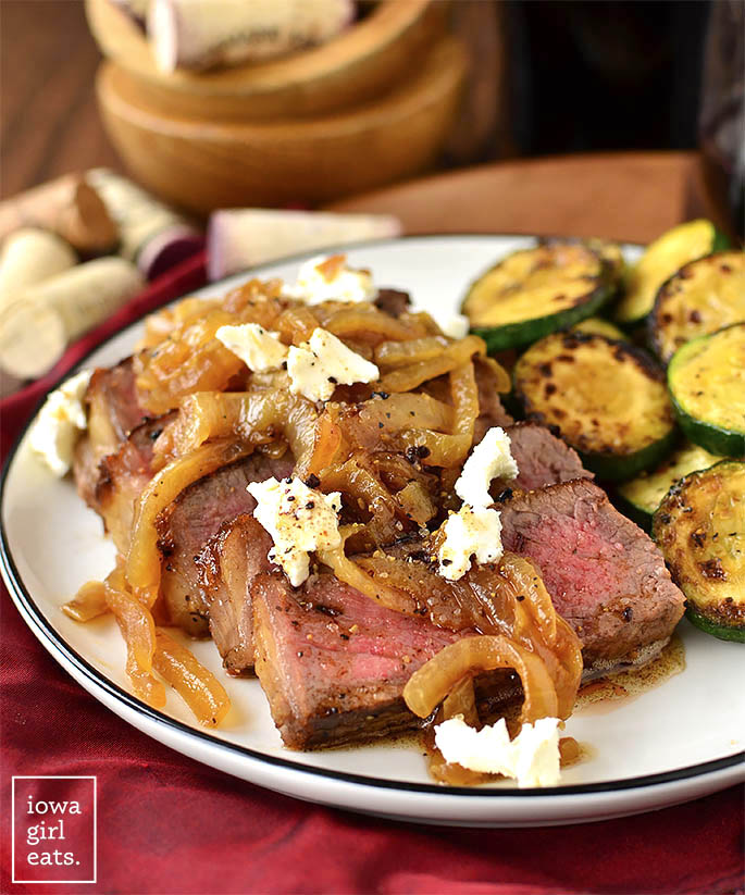 Pan-Roasted Steak with Caramelized Onions and Goat Cheese is beyond decadent! Perfect for date night or anytime you want a special and indulgent dinner at home. | iowagirleats.com