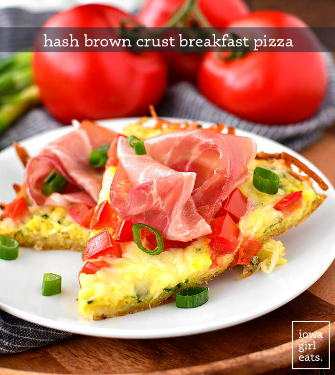 slices of hash brown crust breakfast pizza on a plate