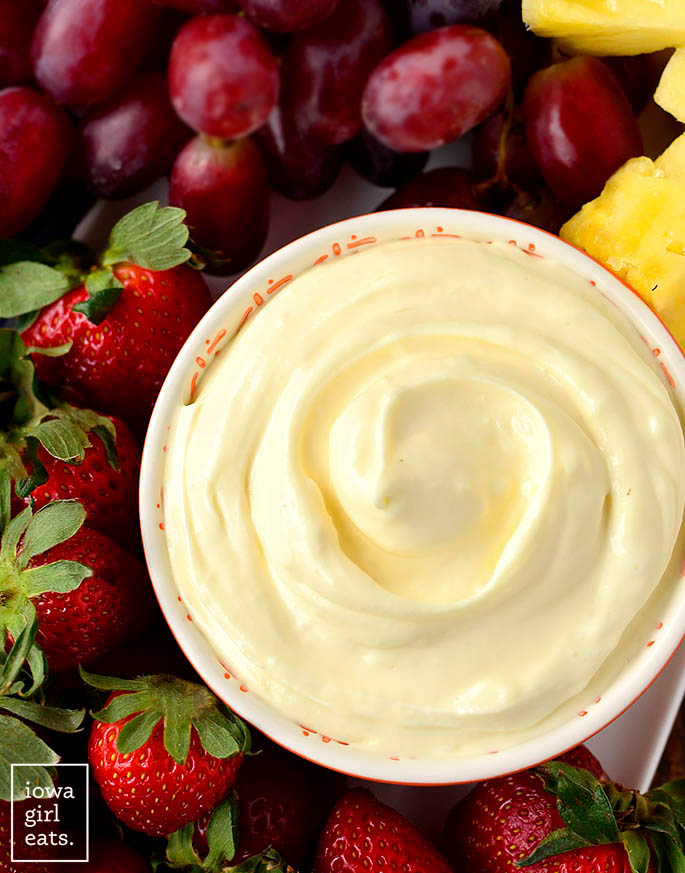 overhead photo of a bowl of easy fruit dip