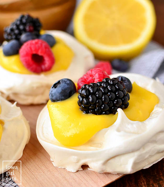 meringue filled with lemon curd and berries