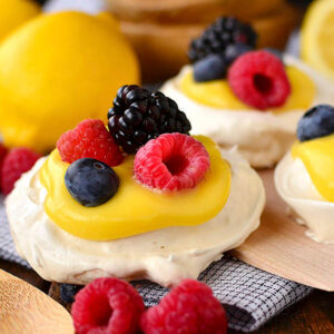 meringue filled with lemon curd and berries