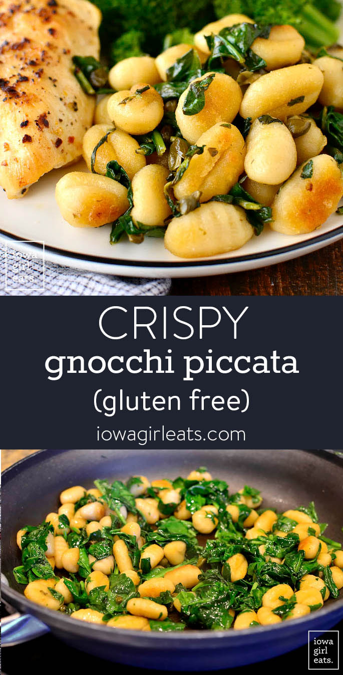 Photo collage of crispy gnocchi piccata