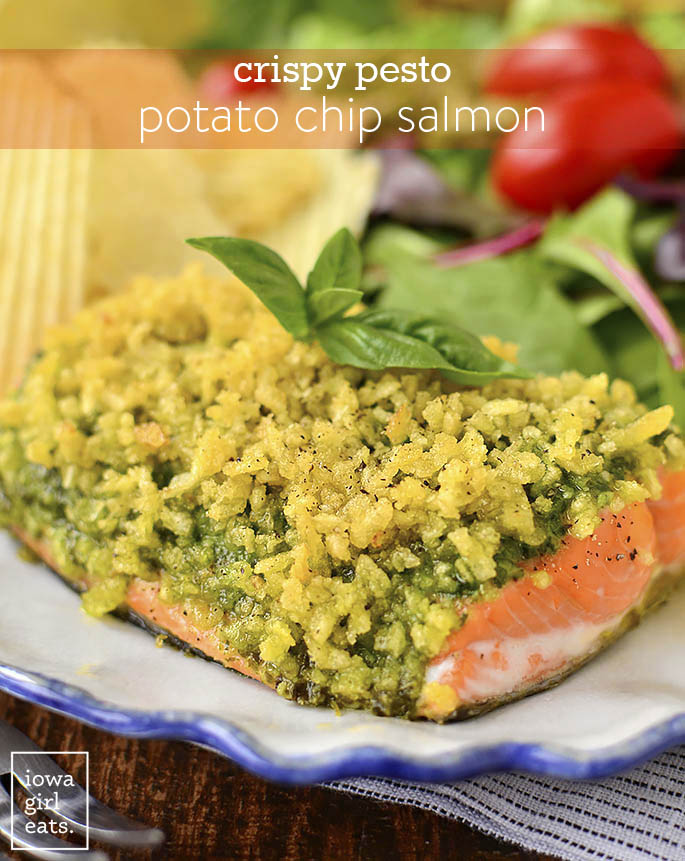 Crispy Pesto Potato Chip Salmon on a plate.