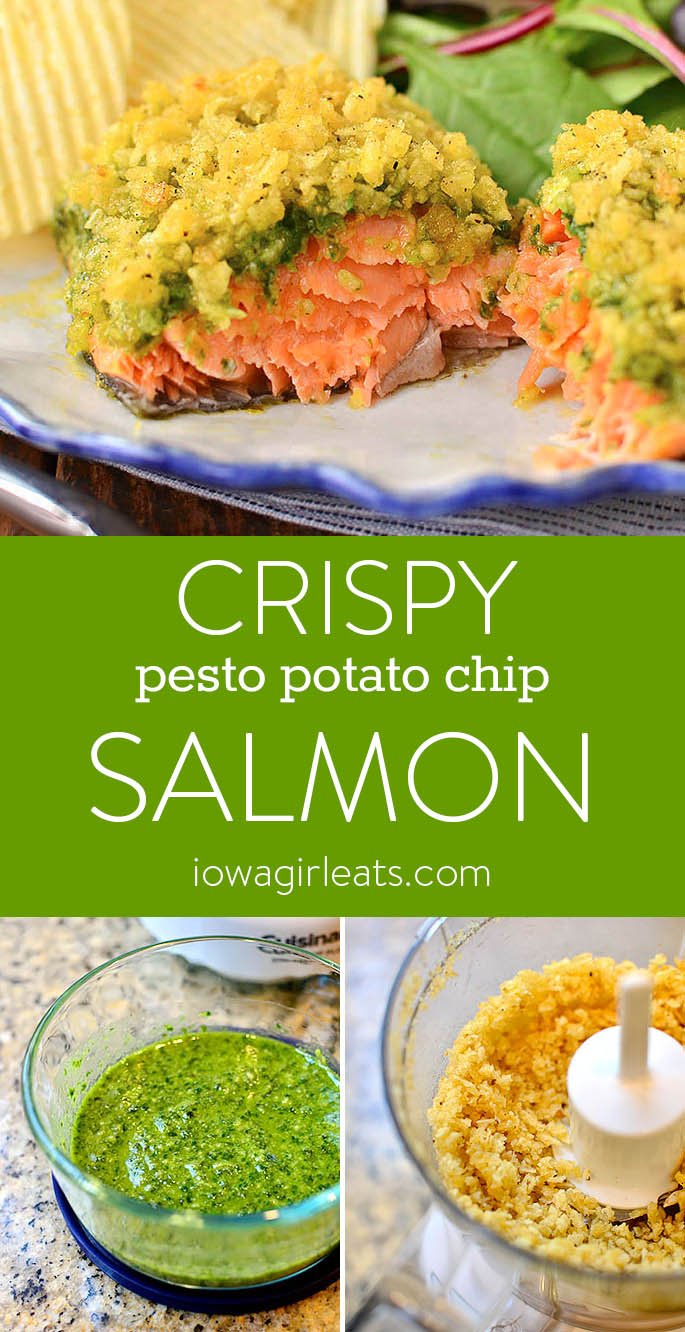 Photo collage of Crispy Pesto Potato Chip Salmon.