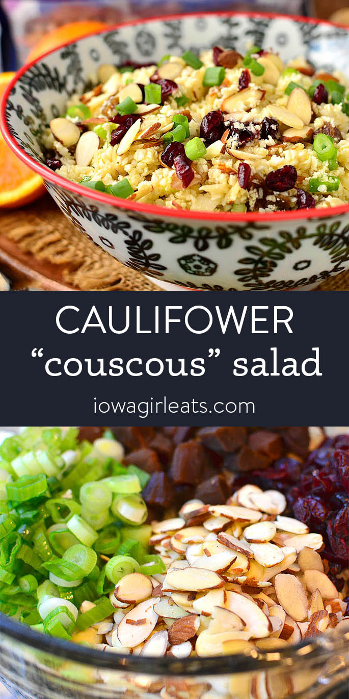 Photo collage of cauliflower couscous salad
