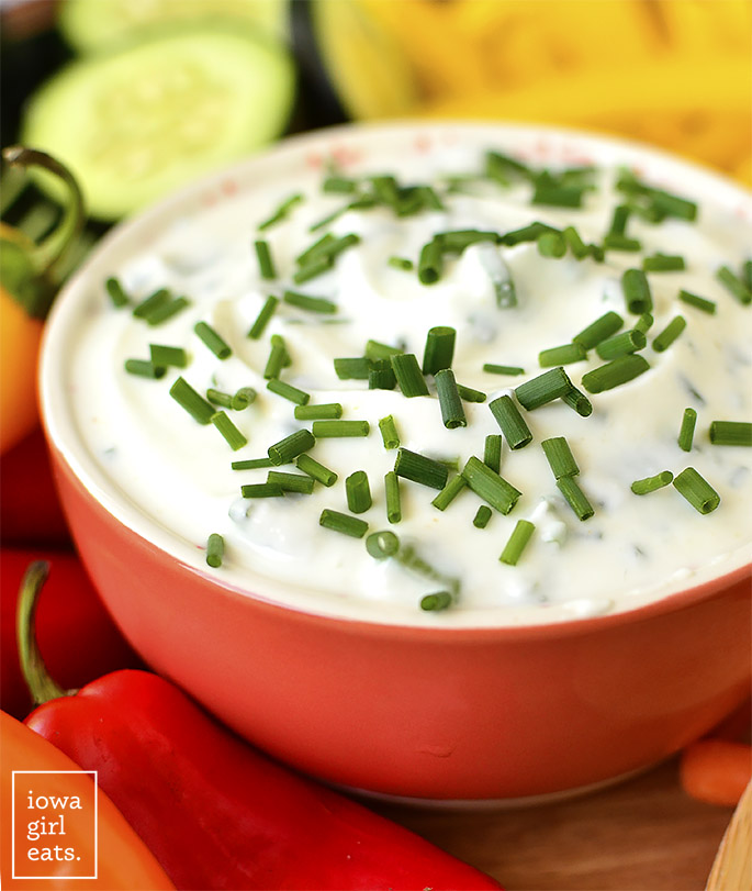 Close up of bowl of Sour Cream and Chive Dip