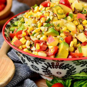 Napa sweet corn salad in a serving bowl