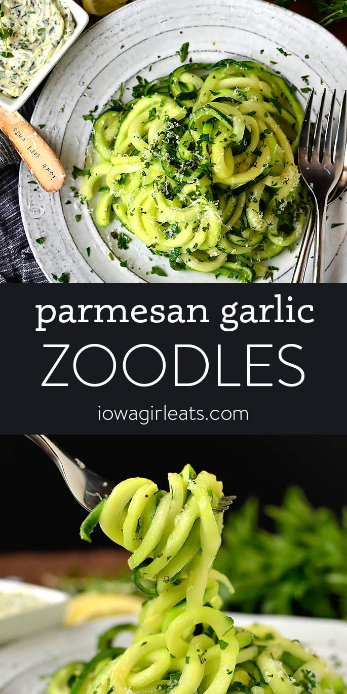 Photo collage of parmesan garlic zoodles