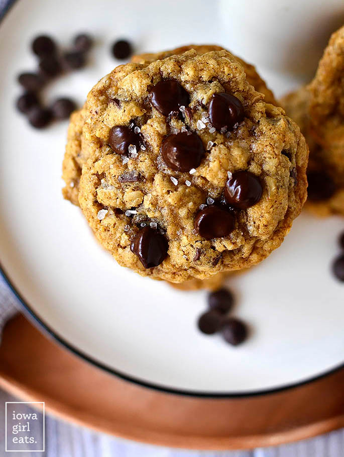 overhead photo of a brown butter oatmeal chocolate chip cookie