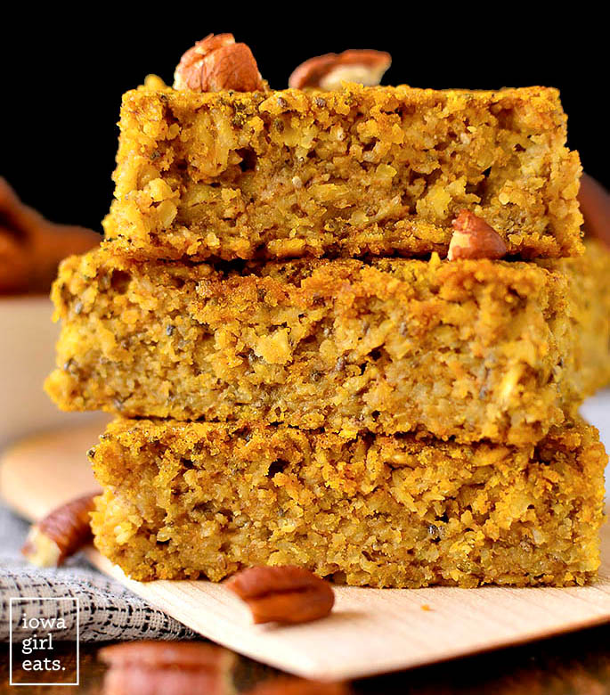 close up photo of a stack of maple pumpkin oatmeal bars
