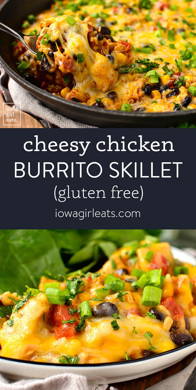 Photo collage of cheesy chicken burrito skillet