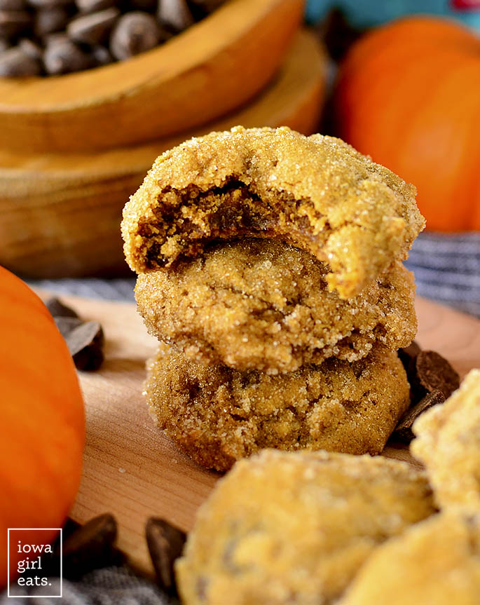 Stack of Soft Batch Pumpkin Gingersnap Chocolate Chip Cookies