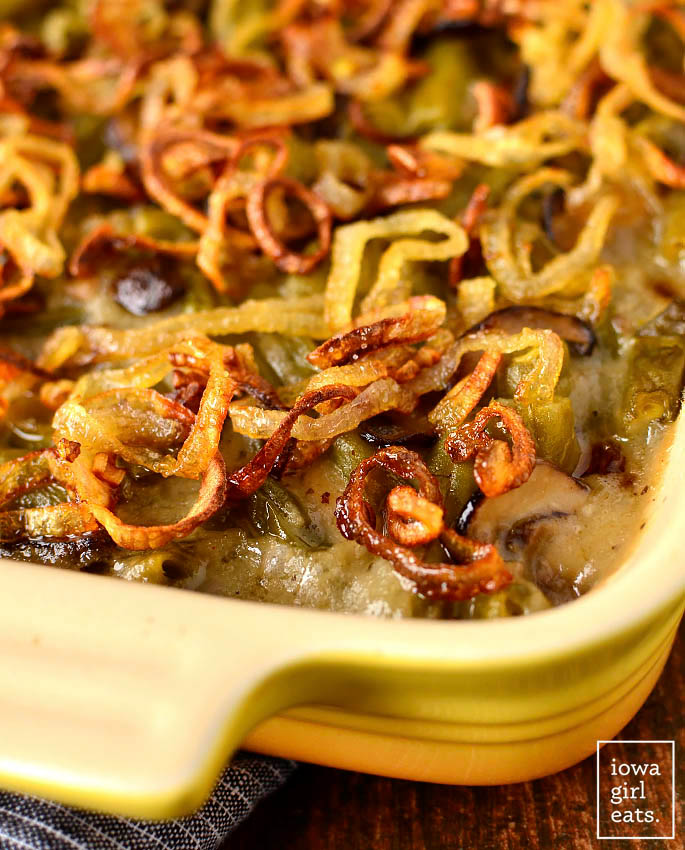 hot and bubbly gluten free green bean casserole in a baking dish