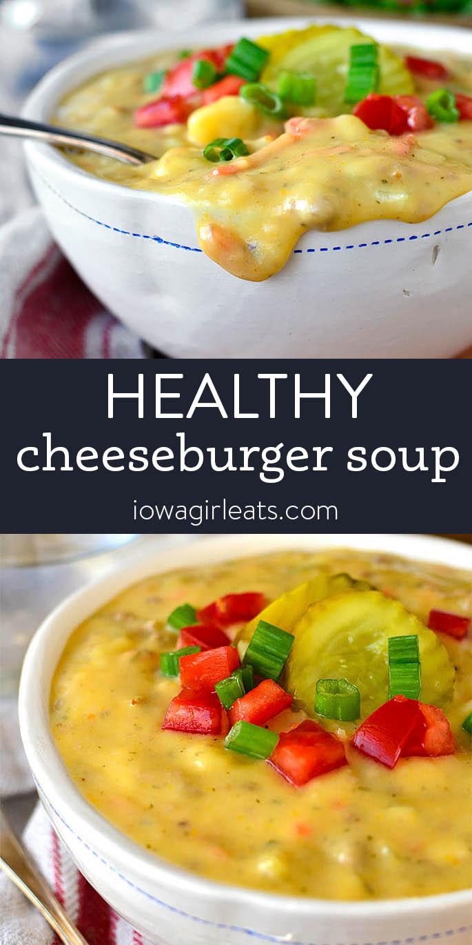 photo collage of healthy cheeseburger soup