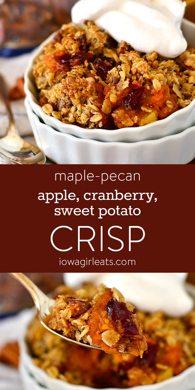 Photo collage of Maple-Pecan Apple, Cranberry, Sweet Potato Crisp