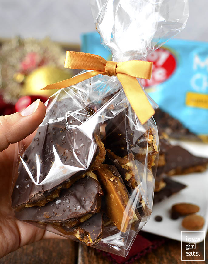 Packaged up Salted Chocolate Almond Toffee for gifting