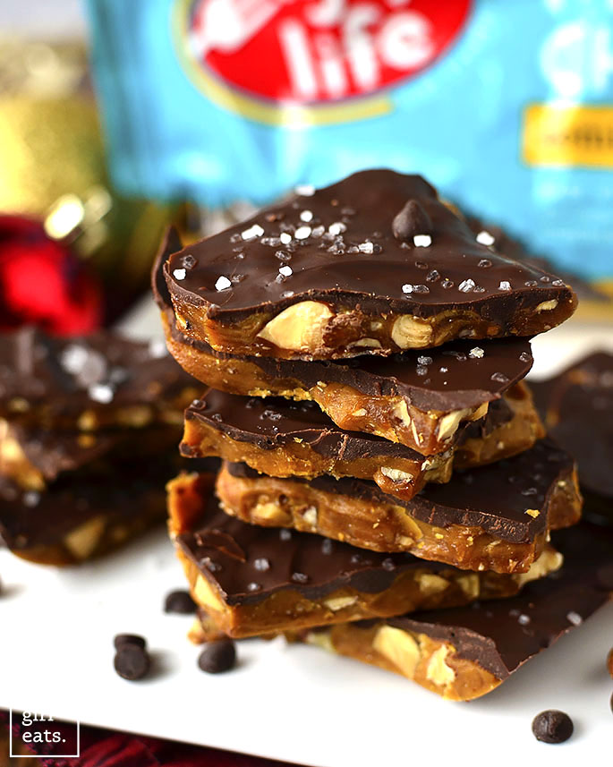A stack of pieces of Salted Chocolate Almond Toffee