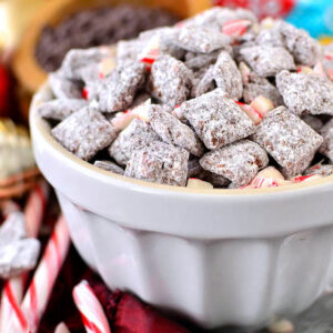 chocolate peppermint puppy chow in a large bowl