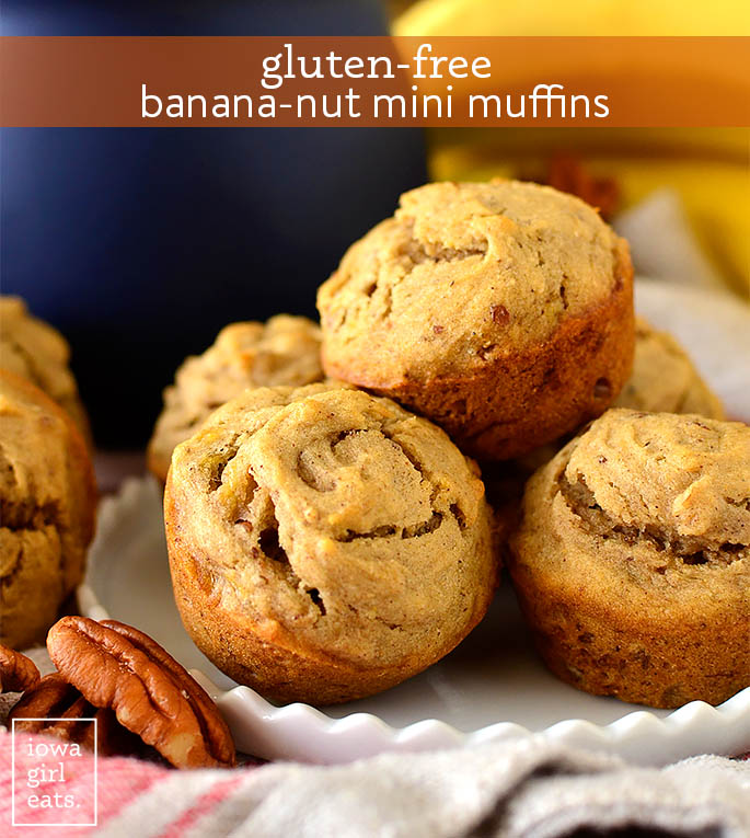 banana nut mini muffins stacked on a plate