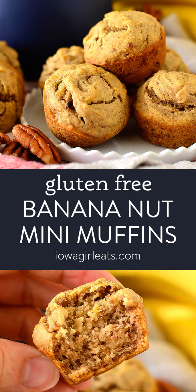 photo collage of gluten free banana nut mini muffins