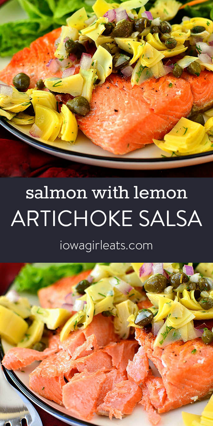 Photo collage of pan seared salmon with lemon artichoke salsa