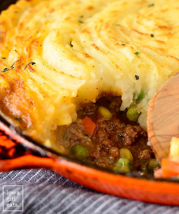 Skillet Shepherd's Pie with a scoop taken out of it